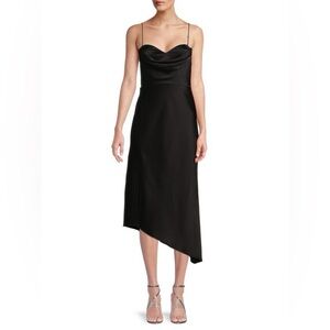 Alice + Olivia Kiyoko Asymmetric Satin Midi Dress | Black | Size 4